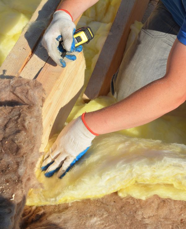 A man installs insulation on a roof, wearing safety gear and focused on his task.