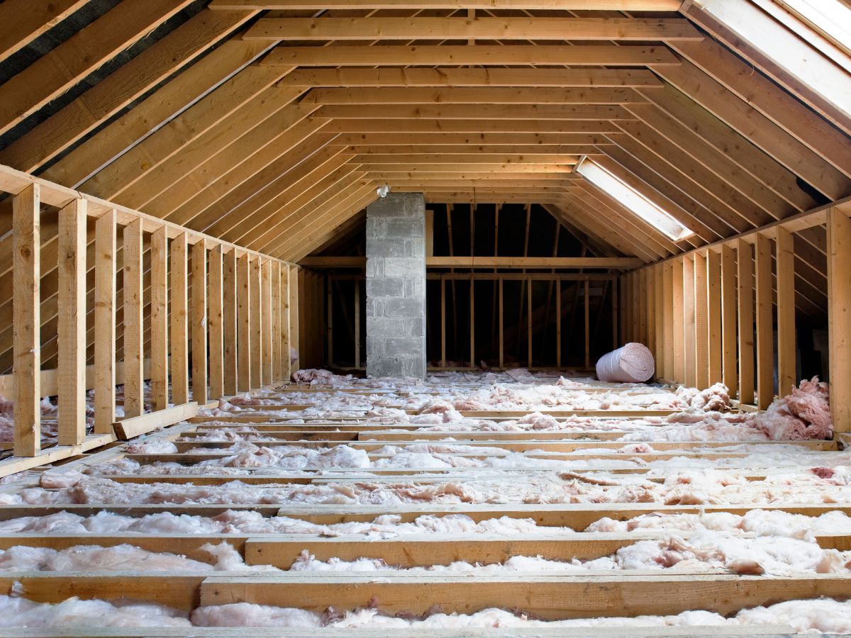 Interior view of a room with visible wood framing and insulation, highlighting the building's unfinished state.