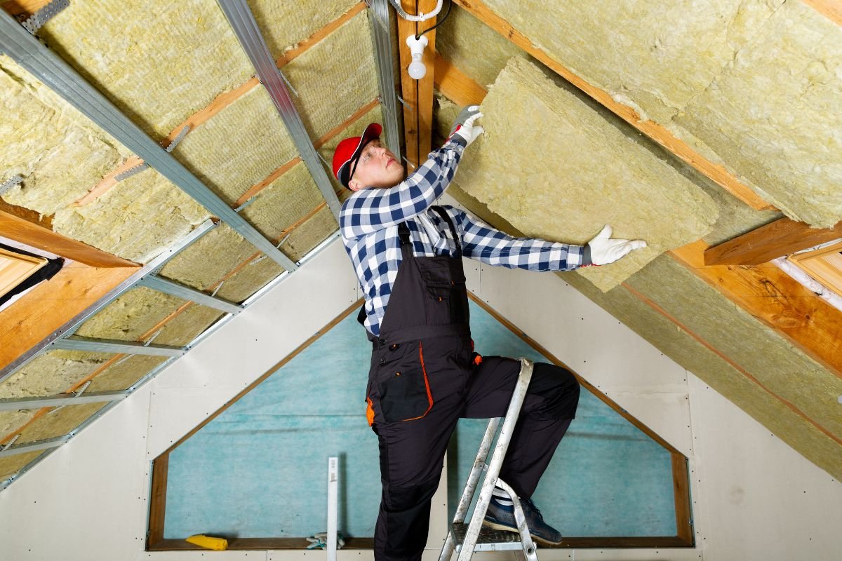  A professional contractor installs insulation on a roof in Chicago, demonstrating skilled workmanship and safety measures.